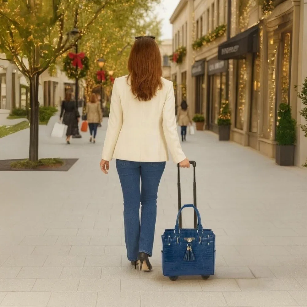 THE RIVIERA Blue Alligator Rolling Laptop Bag, Rolling Briefcase for Women